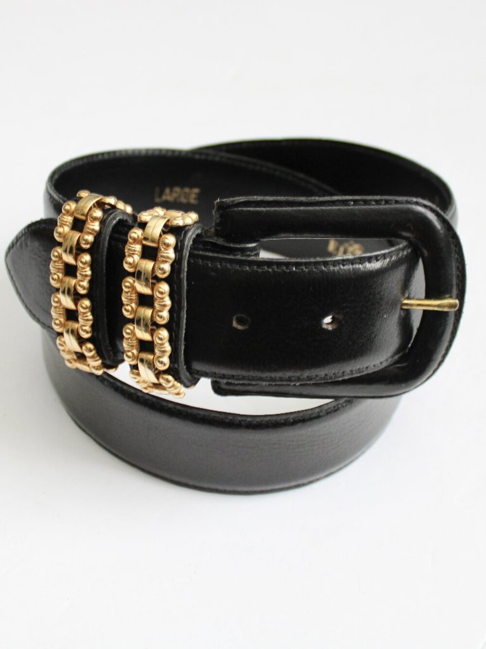 Linda Allen Ellen Tracy VTG 90s High Waist Black Gold Buffalo Calf Belt sz Large